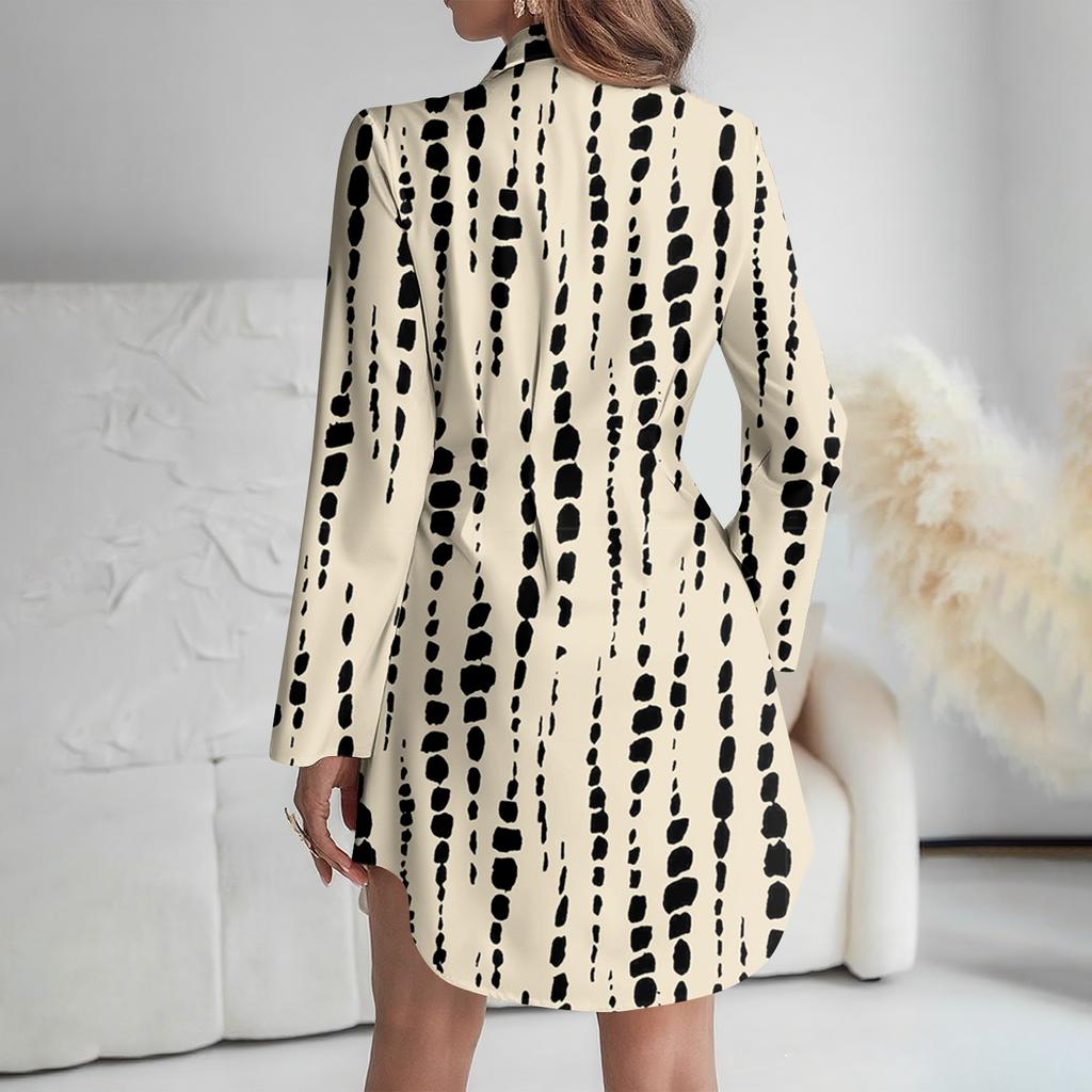 Damen Locker sitzendes V-Ausschnitt Langarmkleid Druck Arbeitshemdkleid