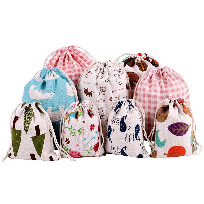 Cotton Linen Fabric Pouch Drawstring Bag Cute Animal Plant Print Kids Travel Cloth Storage Bag Makeup Case Xmas Gift Bag