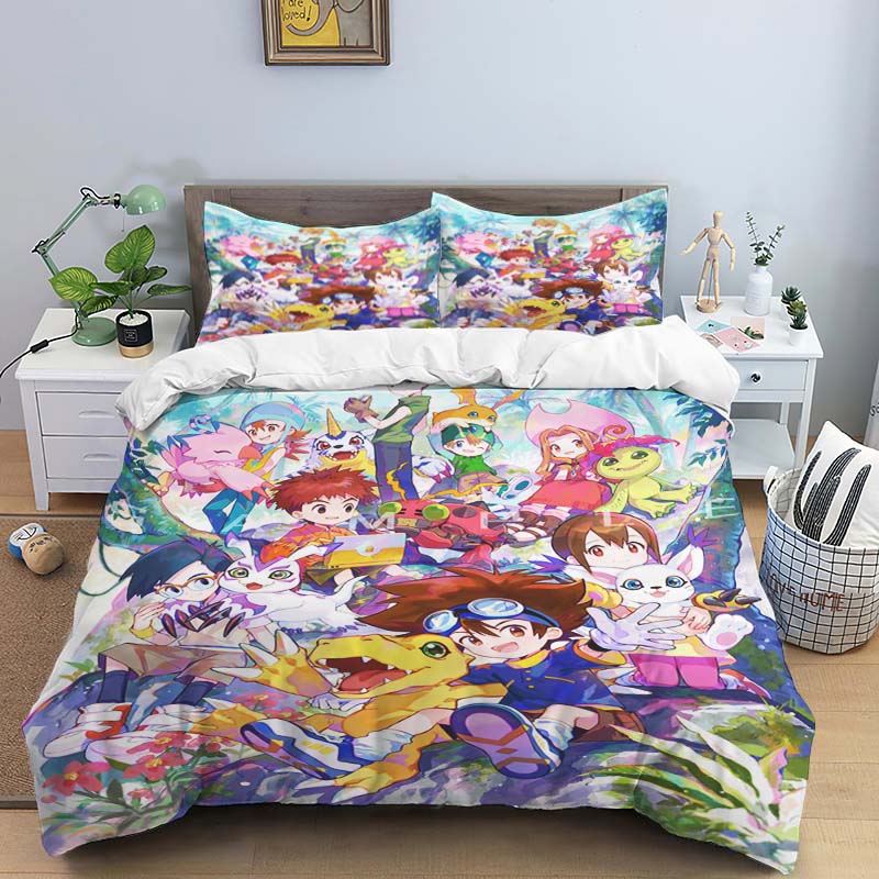 Digimon Cartoon 3D-Printed Bedding Set—Includes Duvet Cover and Pillowcases—Available for Single, Double, King, and Queen-Sized