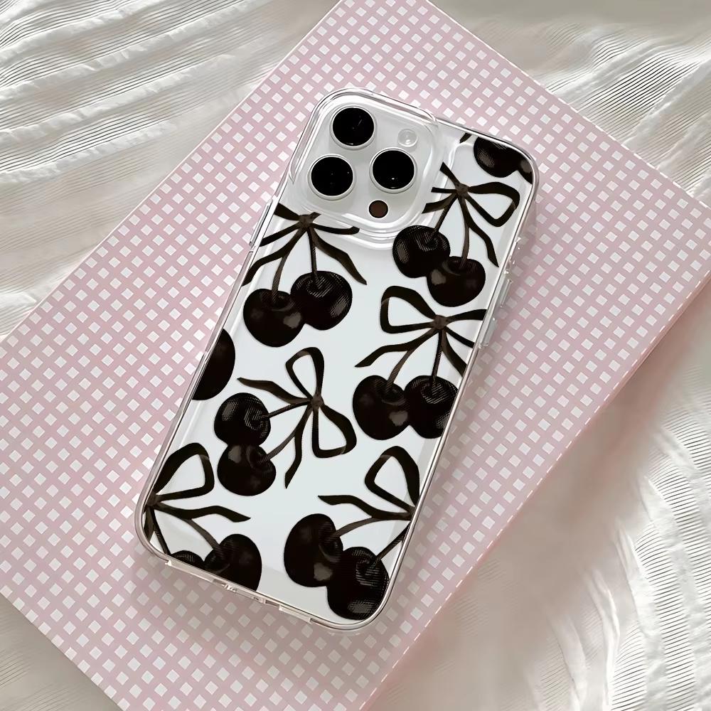 INS Black Cherry Bowknot Clear Phone Case For Samsung Galaxy A14 A15 5G S21 S22 S23 S24 FE Plus Ultra A25 A35 A52 A53 A54 A55 5G