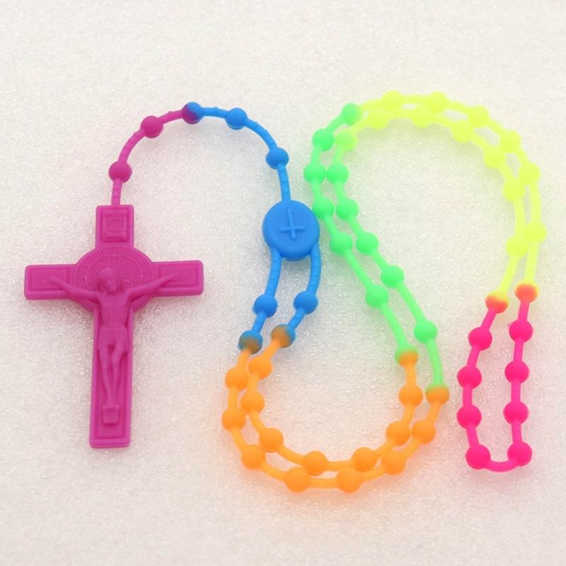 Fashion Rosary Beads Cross Pendant Necklace Women Link Chain Plastic Material Necklace Girl Religious Jewelry Party Gift