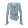 One-word Shoulder Swing Collar Long-sleeved T-shirt Women's Summer New American Solid Color Spice Girl Irregular Base Outer Top