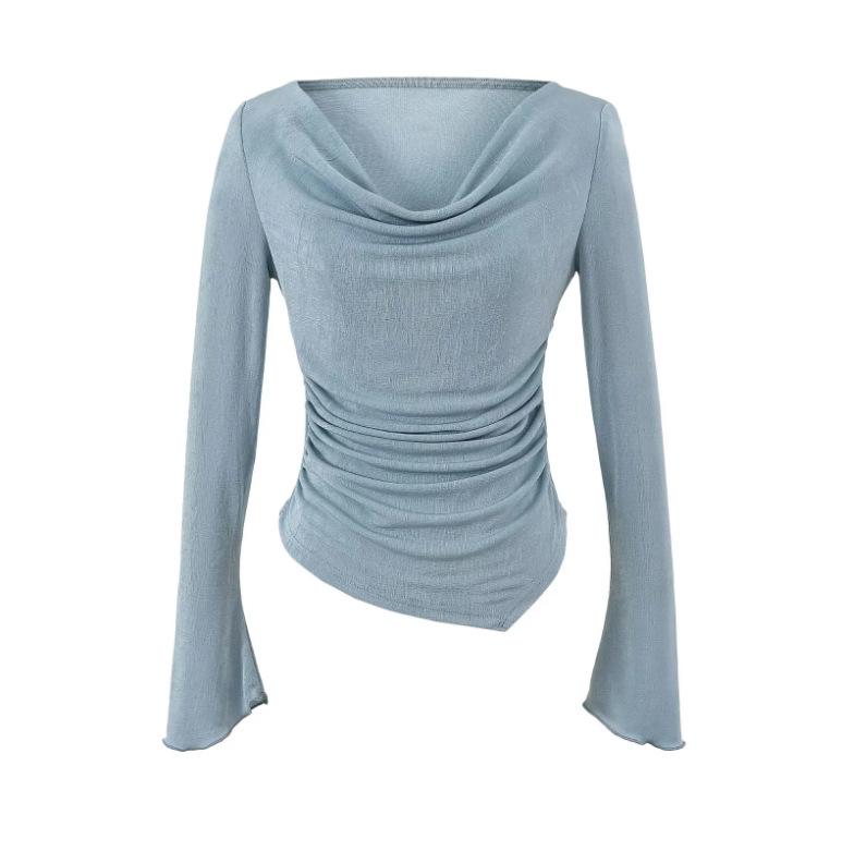 One-word Shoulder Swing Collar Long-sleeved T-shirt Women's Summer New American Solid Color Spice Girl Irregular Base Outer Top