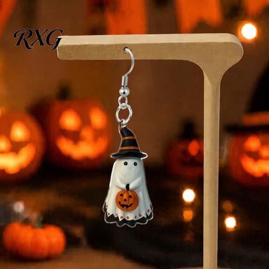Cartoon Ghost Jewelry Cute Earrings, with Pumpkin Wizard Hat Decor, Holiday Themed Halloween Drop Lightweight Acrylic Pendant Party Earrings