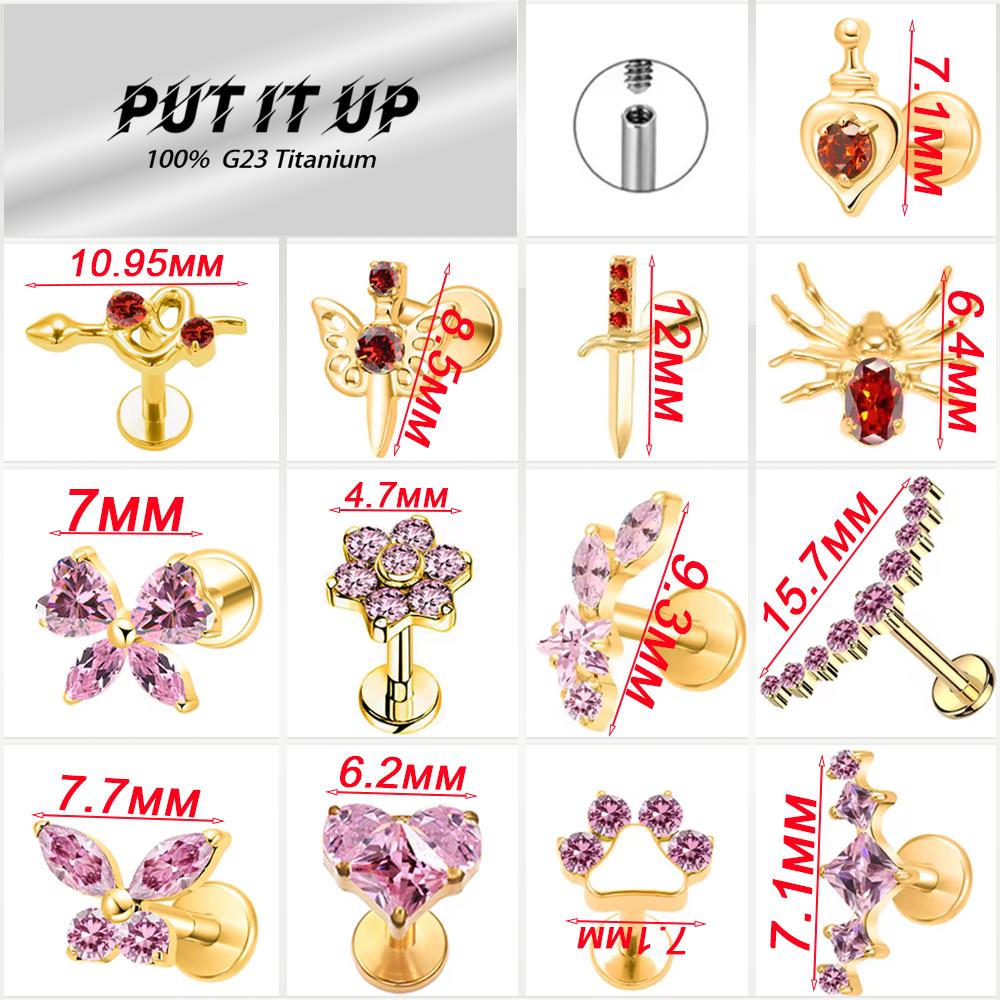 PUTITUP Official F136 High-Quality Titanium Alloy Zirconia Stud Earring Set Fashion Ear Cartilage Lip Stud Body Piercing Jewelry