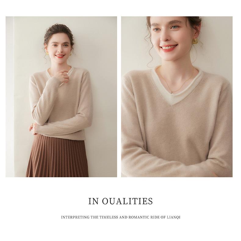 Autumn/Winter 2025 Two-Piece Color Block Cashmere Women's Slimming Knit Pullover