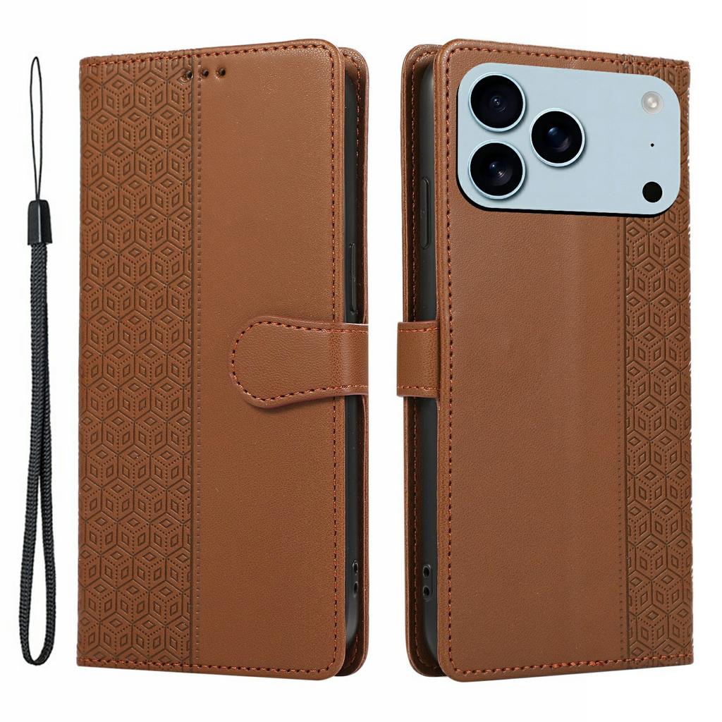 For iPhone 17 Pro Case Splicing Imprinted Rhombus Leather Phone Cover with Wrist Strap