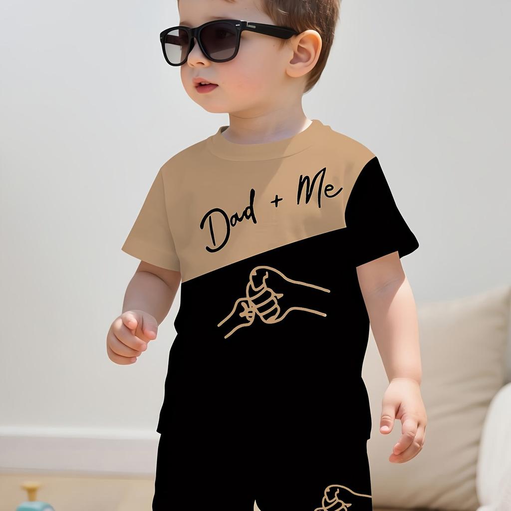 New Summer Boys' Sporty Fashion Color-Block Father & Son Fist Bump Print Round Neck Short Sleeve T-Shirt + Shorts 2pcs Set 2026