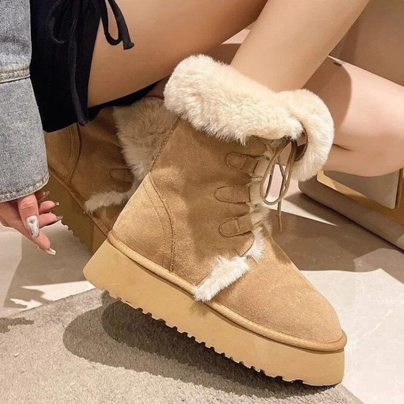 2025 New Women Ankle Boots Winter Warm Outdoor Leisure Working Fur Snow Boots Wedges Heels Platforms Lace-Up Shoes Woman