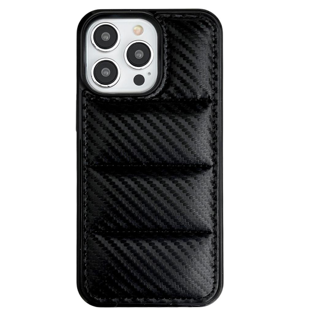 For iPhone 16 Pro Max Case Carbon Fiber Puffer Jacket Leather+TPU Shockproof Phone Cover