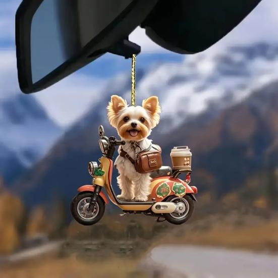 Decoratune de Crăciun Cățeluș călare Motocicletă Pandantiv acrilic Pom de Crăciun Ornament de agățat pentru decorarea mașinii pentru casa de vacanță