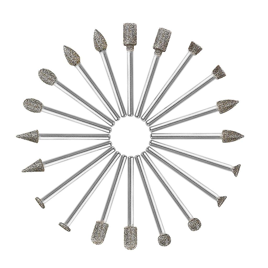20pcs Diamond Burr Set Rotary Grinding Burrs Drill Bits Set with 1 8 Inch 3mm Shank Stone Carving Accessories Universal