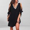 Women Summer Dress Shiny Sequin Hollow Out Deep V Neck Knot Patchwork Dress-up Loose Office Lady Party Mini Dress Women Clothes