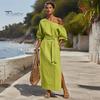 Summer Maxi Dress Women One Shoulder Long Dress, Solid Color Tie Waist Side Split Casual Party Sleeve for Dresses