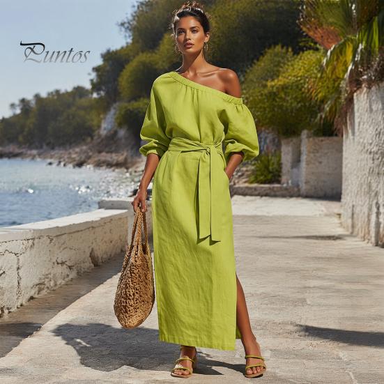 Summer Maxi Dress Women One Shoulder Long Dress, Solid Color Tie Waist Side Split Casual Party Sleeve for Dresses