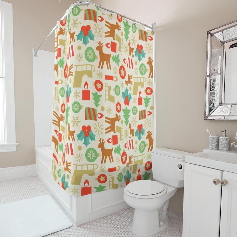 TU Charming Christmas Shower Curtain Festive Holiday Bathroom Decor Waterproof Fabric Red Green Pattern Xmas Home Decor Holiday