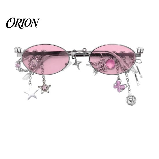 Personalized Styling Eyewear Aesthetic Oval Fake Glasses with Pendant, Anti-Blue Light Decorative Metal Fashion Eyewear, for Teen Girls Butterfly Star
