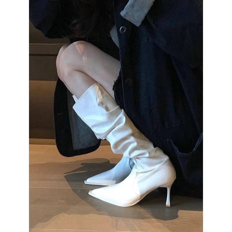 Spitze Stiletto-Stiefel Damen Weiße Plissee-Stiefel High Heel Stiefel Damen Stiefel zum Reinschlüpfen Kniehohe Reiterstiefel