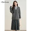 Korean Fashion Autumn Winter Women Knitted Cardigan V Neck Gray Knitting Thick Warm Outerwear Casual Loose Oversized Ladies' Basic Coat