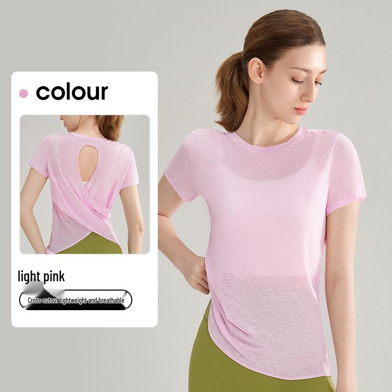 High-End Damen Slub Garn Aushöhlung Rücken Outdoor Sport Top – Atmungsaktiv, Rundhalsausschnitt, Kurzarm Fitness Yoga Überwurf für den Sommer.