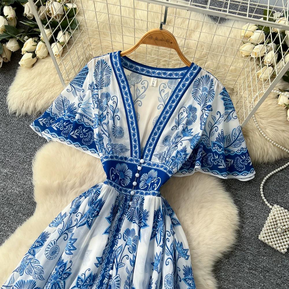 Luksusowa Niebiesko-Biała Porcelanowa Sukienka Maxi Bez Rękawów z Dekoltem V dla Kobiet Elegancka Letnia Sukienka A-Line z Wysokim Stanem Modelująca Sylwetkę
