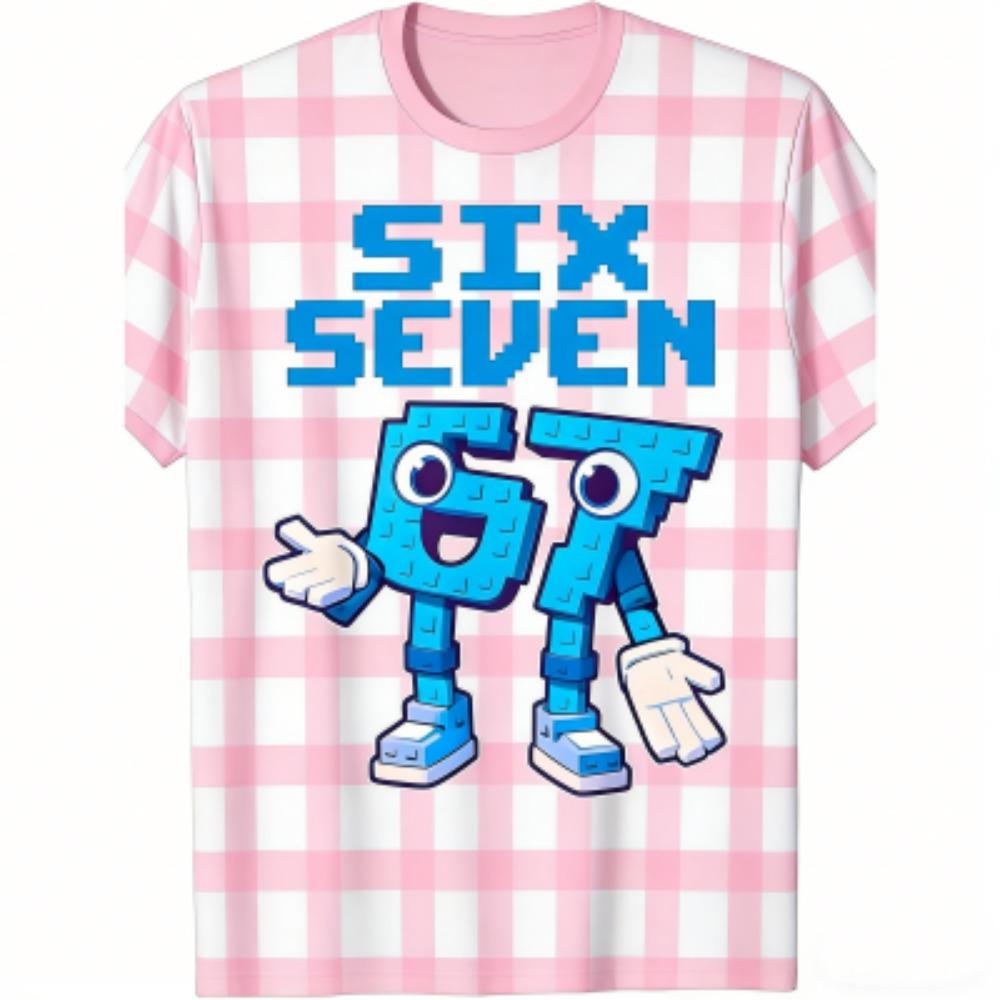 Fashion Kids T-Shirt 67 Six Seven Grid Print Boy and Girl Tees Top Summer Short Sleeve O Neck Casual Outdoor Kids Clothing