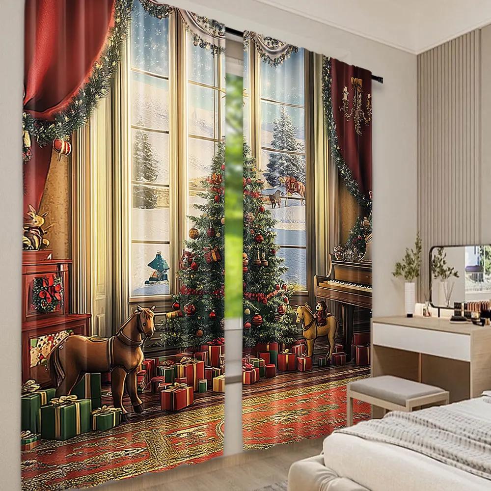 2Pcs Christmas Kitchen Curtains Vintage Ambiance Big Old Fashioned Window Xmas Tree Various Presents Suitable For Living Room
