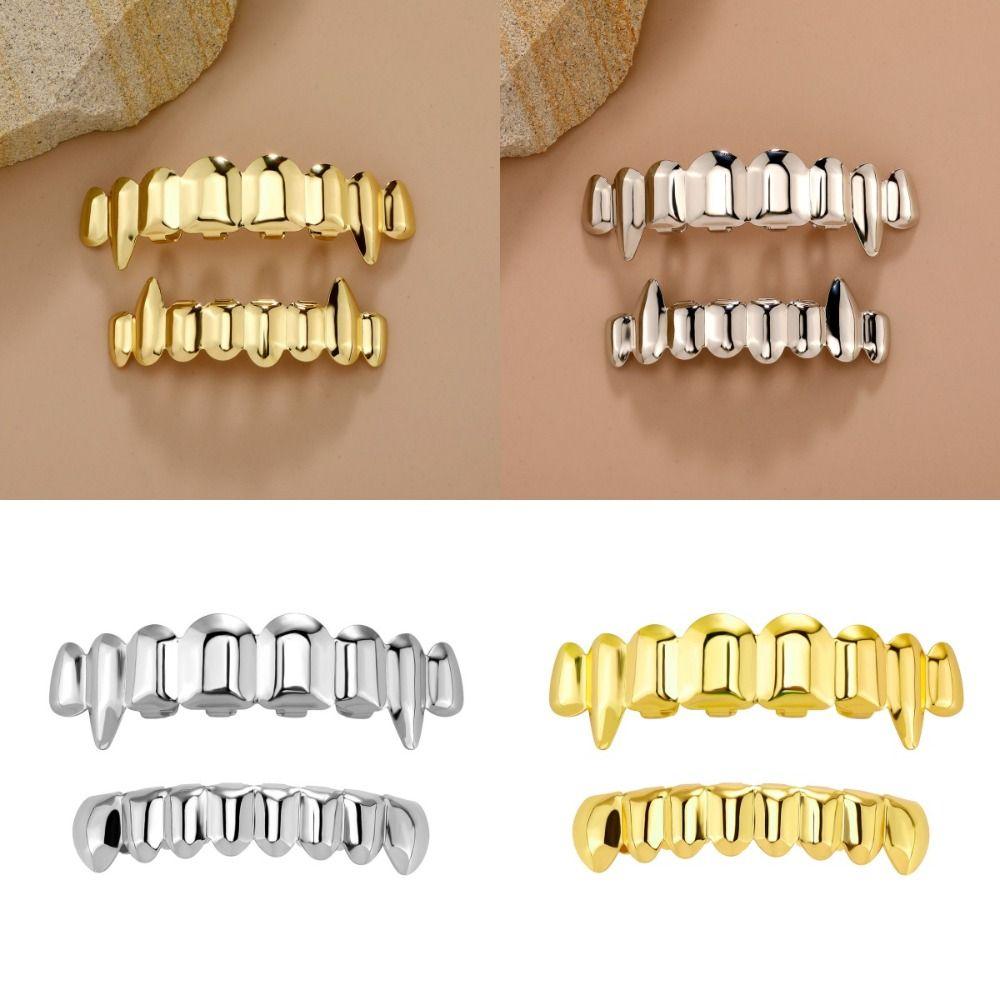 Fashion Hip Hop Teeth Grillz Top Bottom Set 18K Gold Anti Slip Fangs Glossy Teeth Shiny Gold Mouth Tooth Caps Cosplay