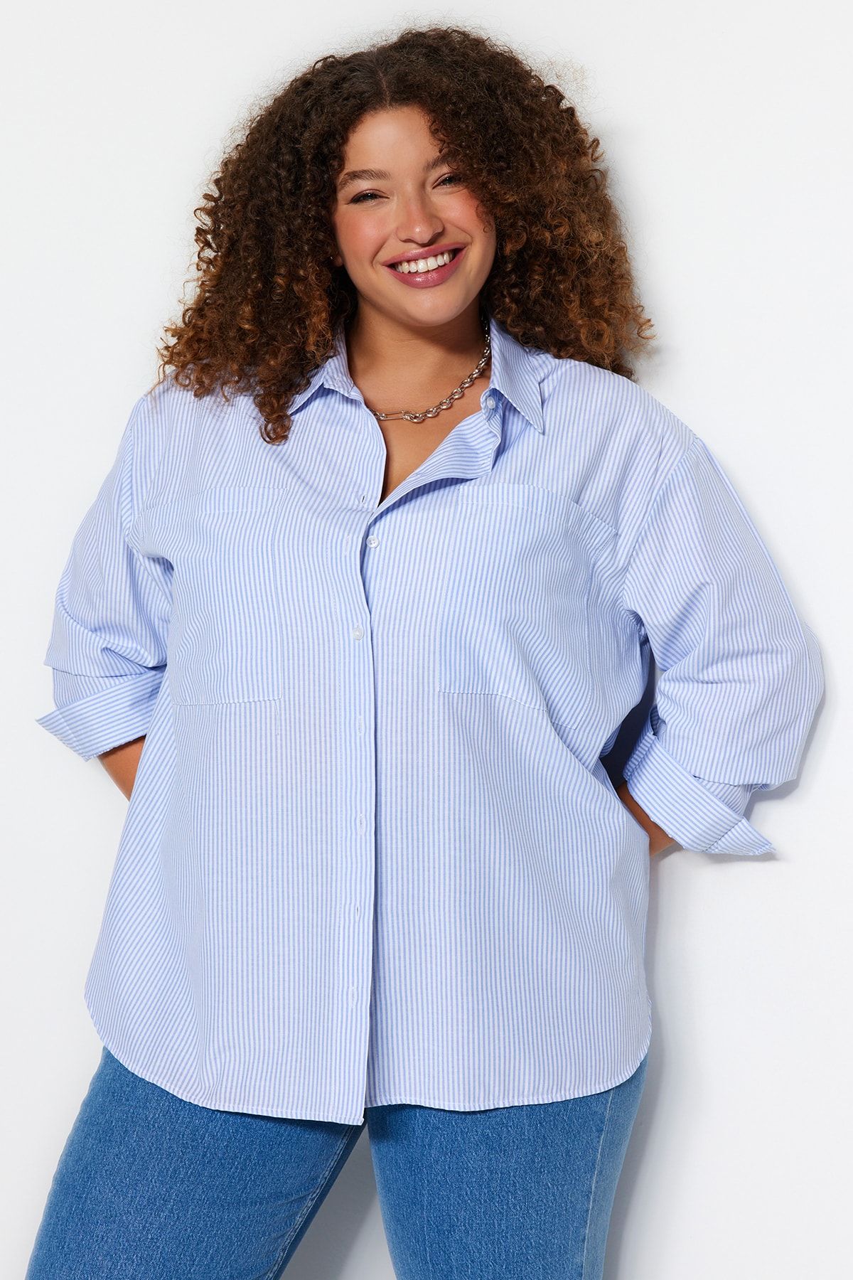 

Women s Style Plus Size Blue Striped Poplin Shirt XL