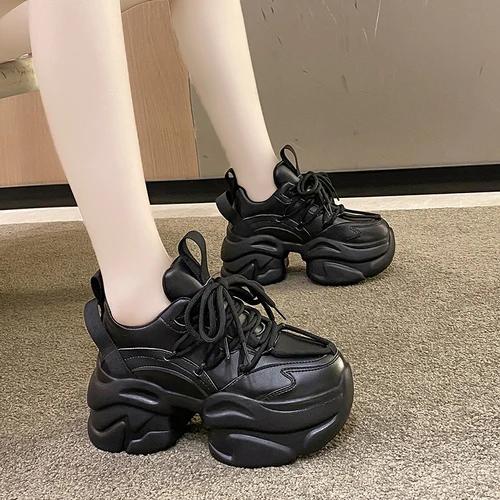 Fashion Women Chunky Leather Sneakers 7.5CM High Platform Ulzzang Sports Dad Shoes New 2024 Autumn Breathable Thick Bottom Casual Shoes