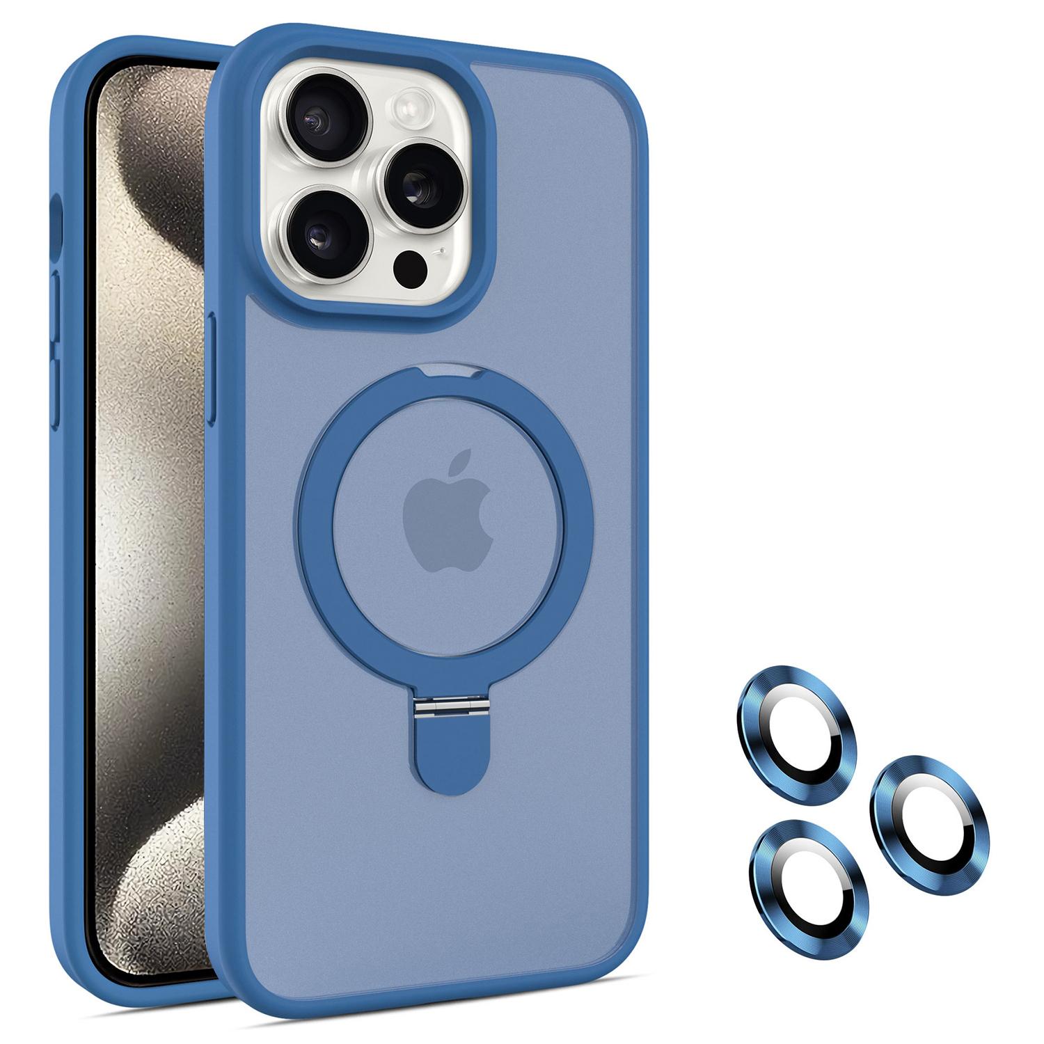 

For iPhone 15 Pro Max Kickstand Case Glass Lens Protector Phone Cover Compatible with MagSafe Sapphire