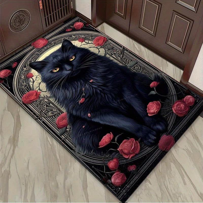 Black Cat with Roses Rug for Elegant Spaces - Luxury Animal Print, Romantic Home Accents Anti slip carpet can be machine washed