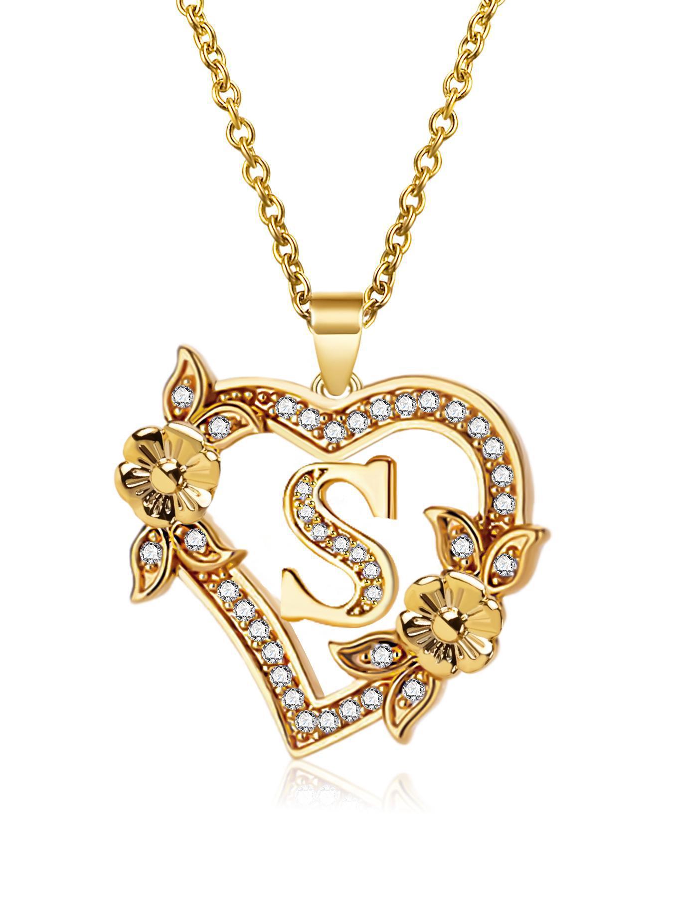 Elegant European-Style Heart-Flower Pendant Necklace with Inlaid Diamonds and 26 English Letters Copper