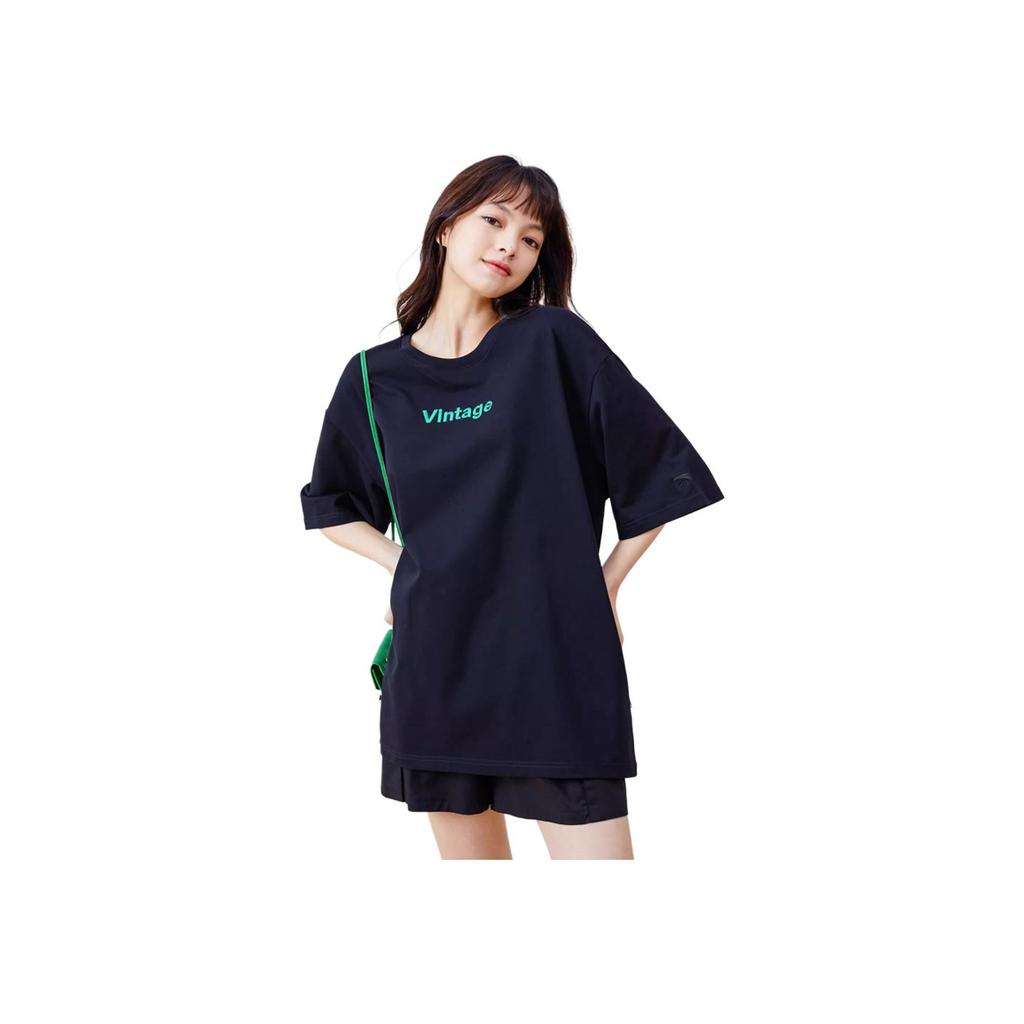 Anta Solid Color Embroidered Letter Crew Neck T-Shirt Unisex Tops Black 962228150-5
