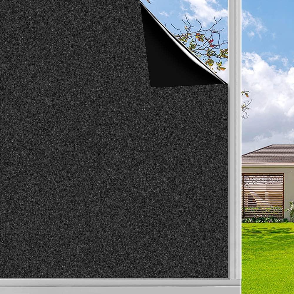 Static Cling Total Blackout Privacy Window Film Cover 100% Light Blocking No Glue Black Window Tint for Home Room Darkening
