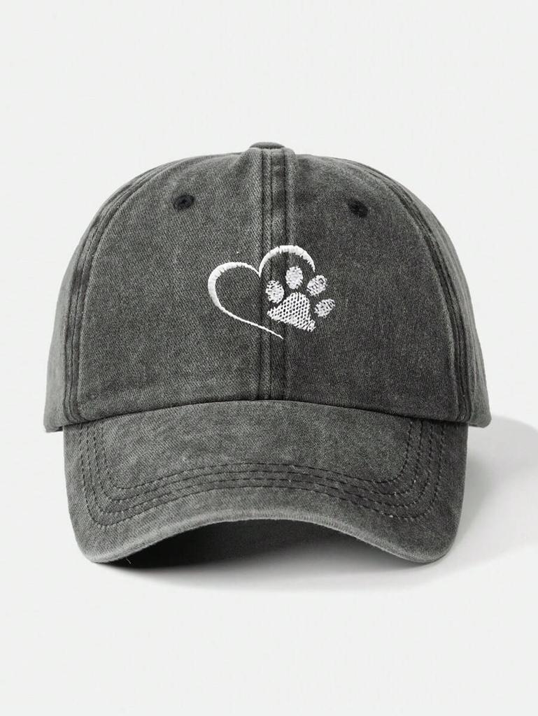 Washed Baseball Cap With Embroidered Heart And Paw Print, Adjustable Outdoor Sun Hat For Adults