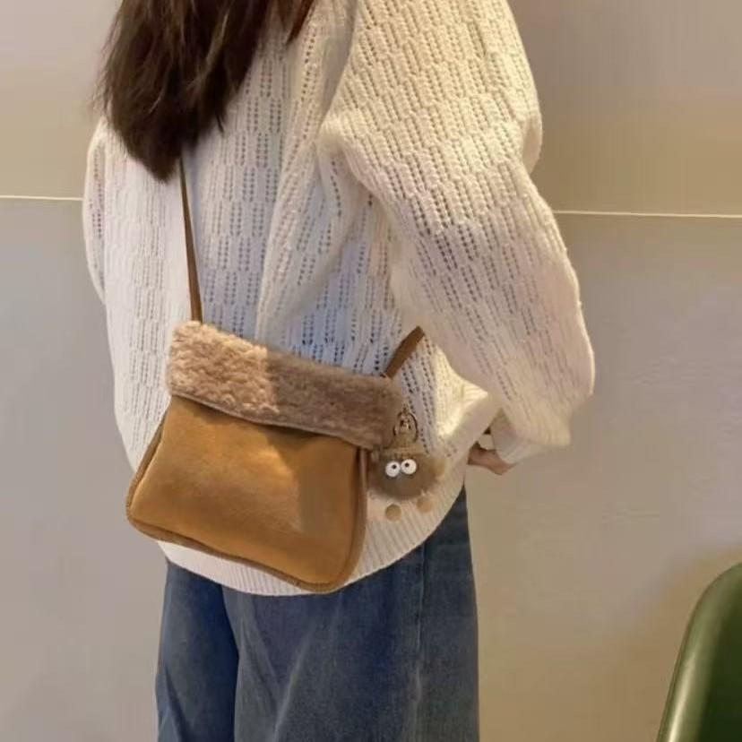 Bolso de Felpa de Nicho para Otoño e Invierno Bolso de Hombro Cruzado Retro de Lana de Cordero Bolso para Teléfono Móvil y Monedas