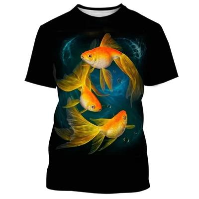 Modisches, neues T-Shirt mit Goldfisch-Muster und Aufdruck für Herren mit Street-Elementen, Rundhalsausschnitt, kurzärmelig, trendiges Oberteil in Übergröße