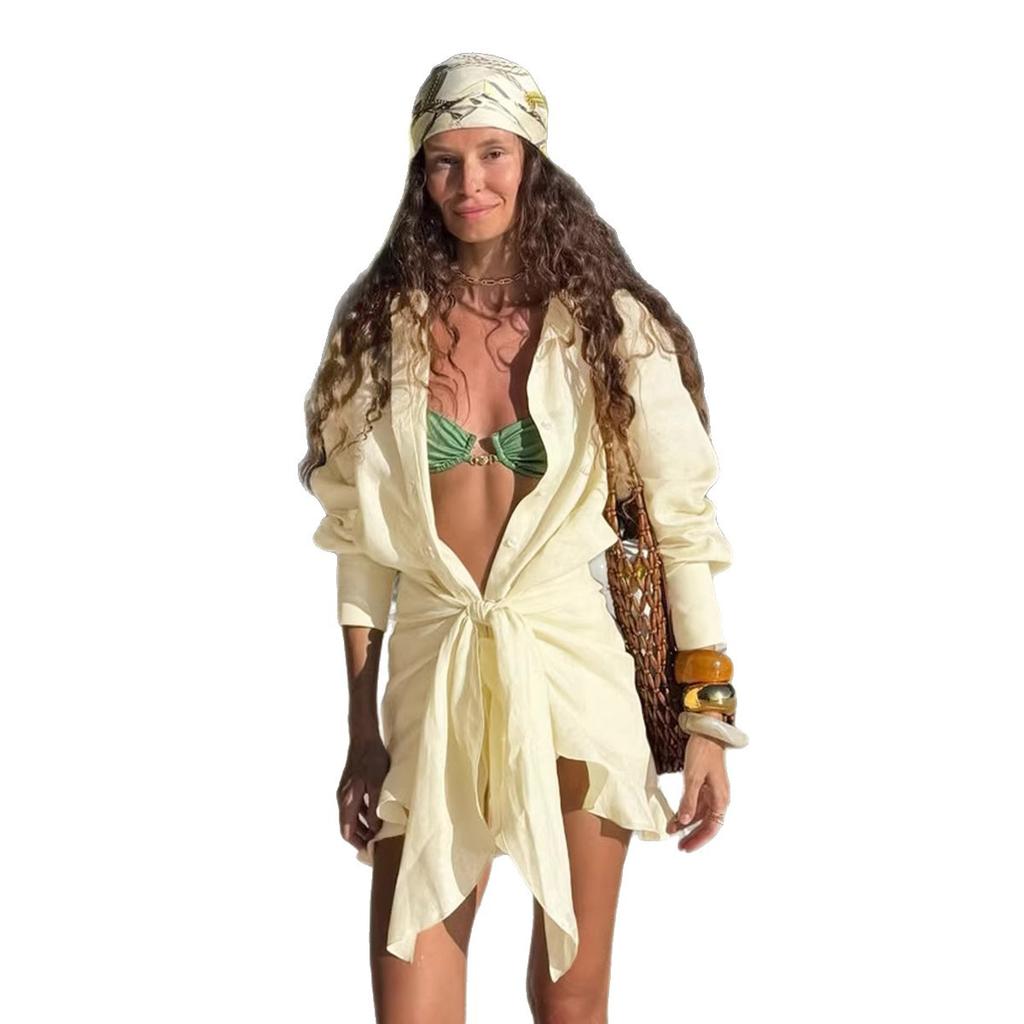 Shirt skirt European and American summer new vacation lazy solid color lace-up lapel hip shirt dress