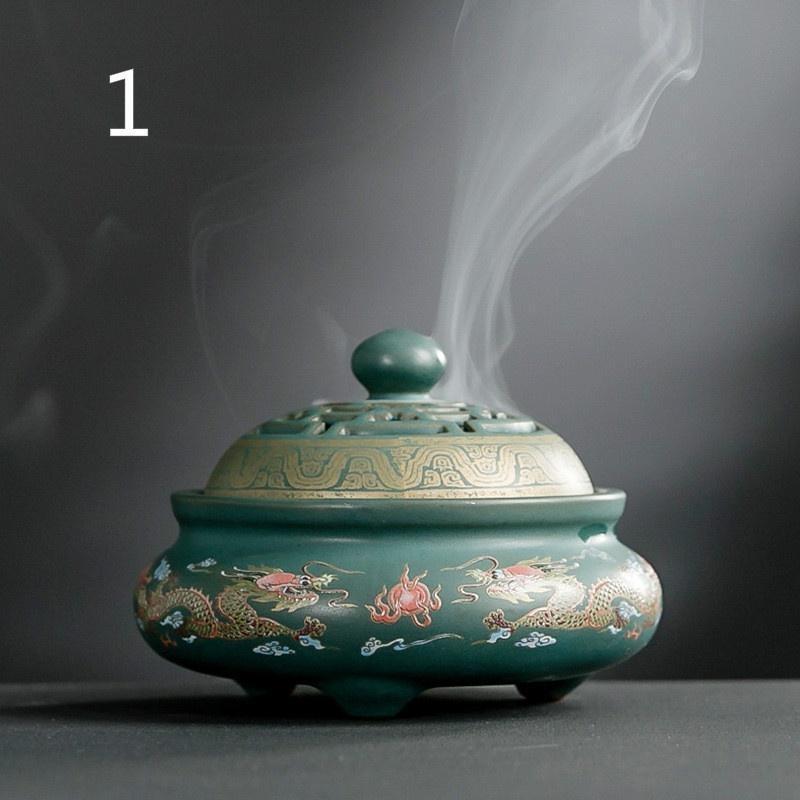Ceramic Incense Burner Lotus, Dragon Pattern, Cloisonne Handicraft, Colored Enamel