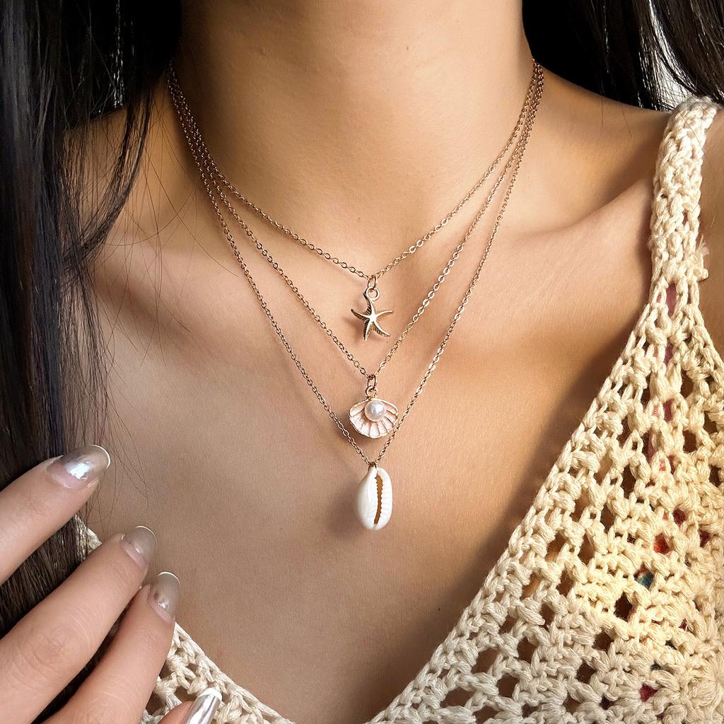 3Pcs Bohemian Conch Starfish Pendant Necklace For Women Conch Seashell Gold Color Metal Chain Choker Summer Beach Party Jewelry