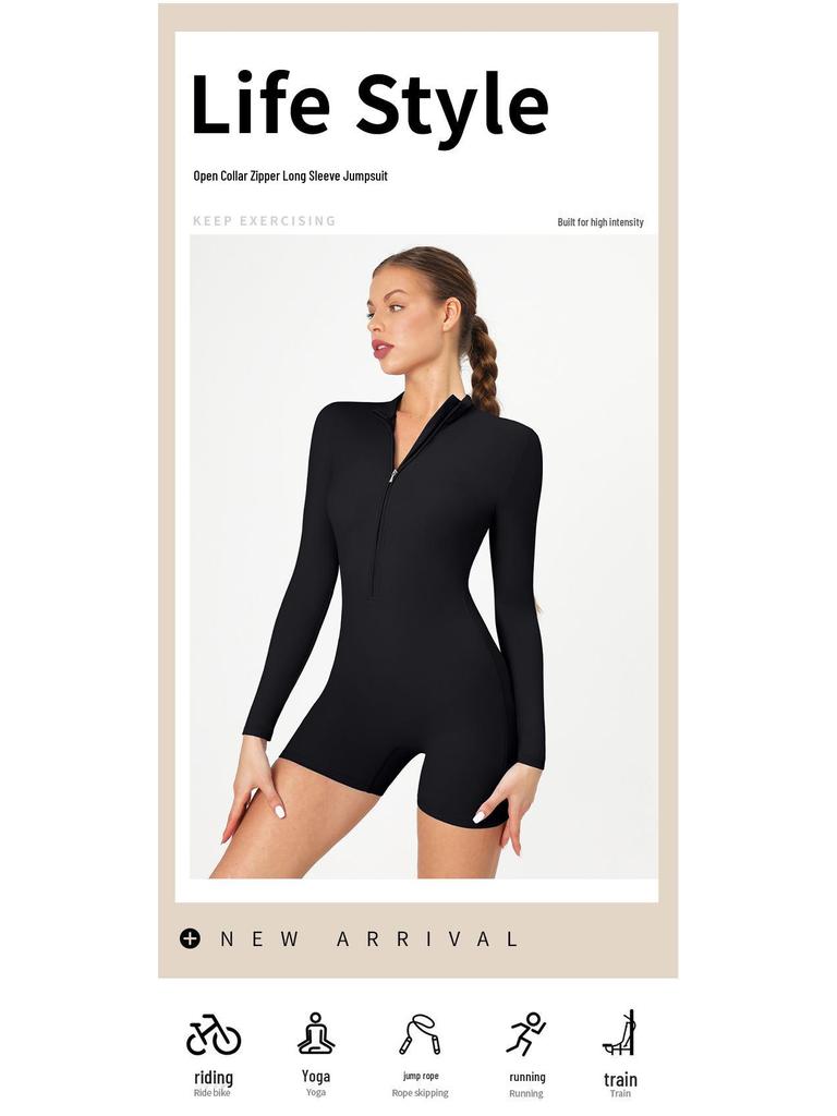 Women's Sexy Open-Neck Zipper Jumpsuit, Long-Sleeved Yoga Fitness Bodysuit