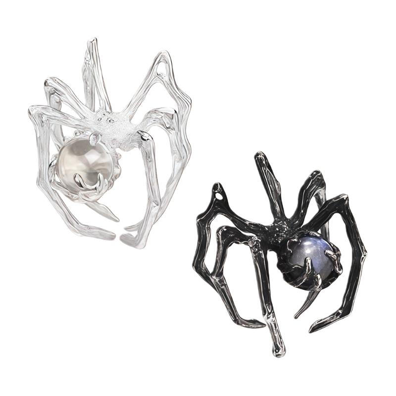 Gothic Punk Spiders Ring With Mysterious Moonstone Adjustable Size For Women Unique Dark Art Jewelry
