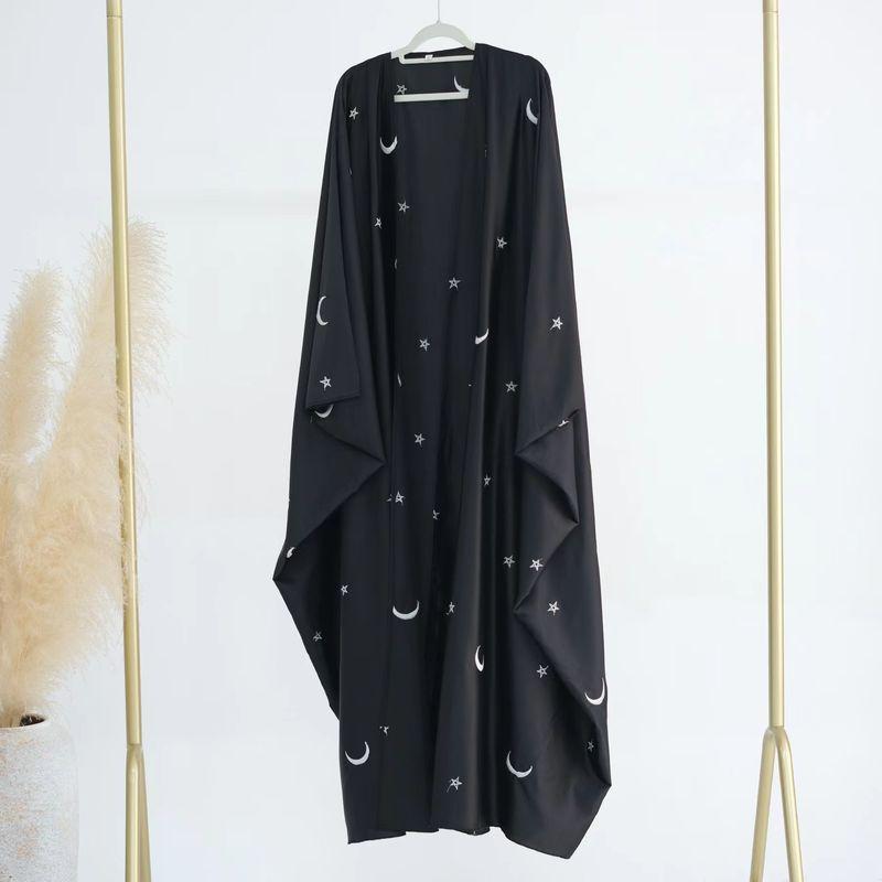 

New Arrival Middle East Moon Embroidery Cardigan Robe Dress Moon Embroidered Cardigan Dres Black 3 yards