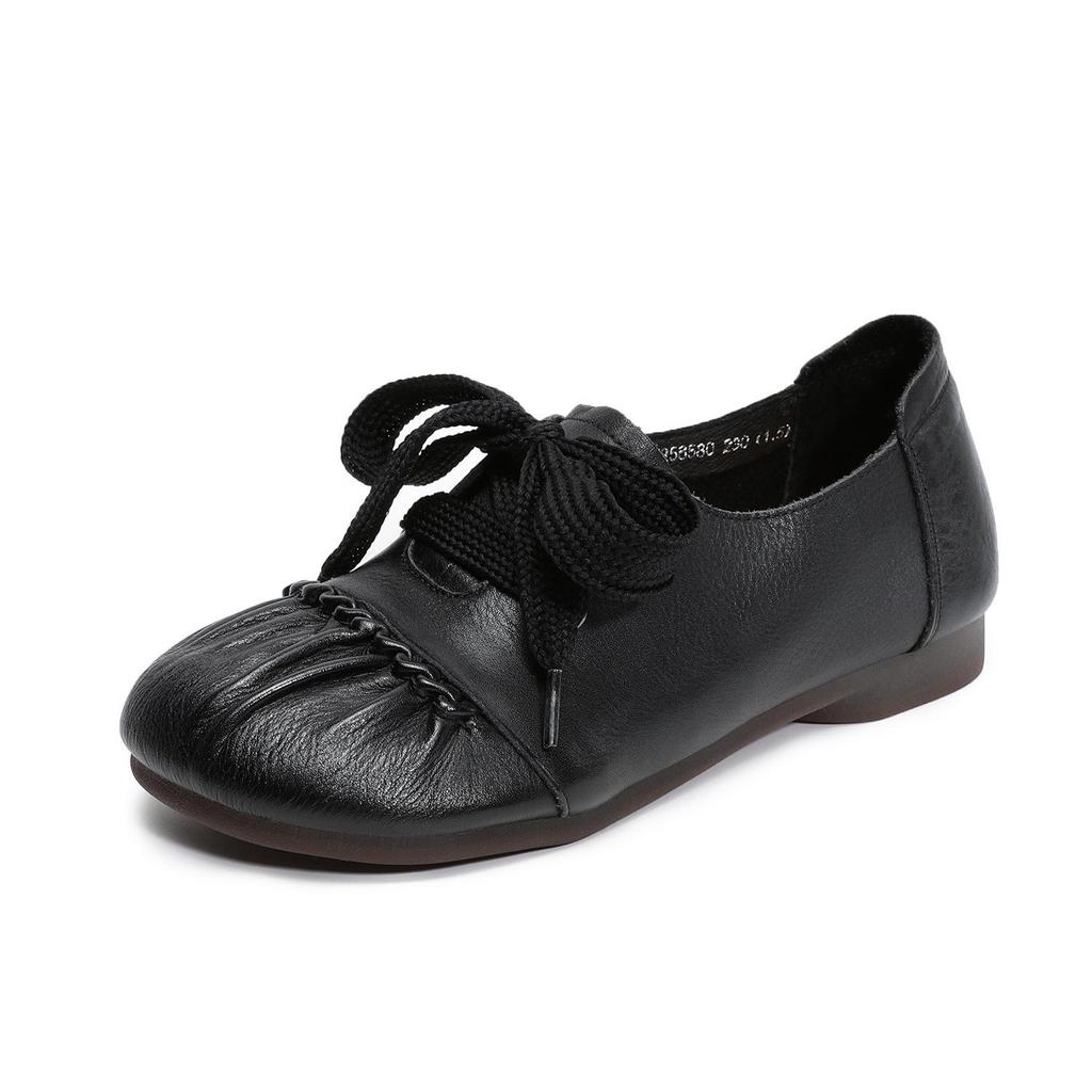 Johnature Handgefertigte Retro-Damen-Schuhe aus echtem Leder mit weicher Sohle, bequeme Schnürschuhe mit Falten und niedrigem Absatz
