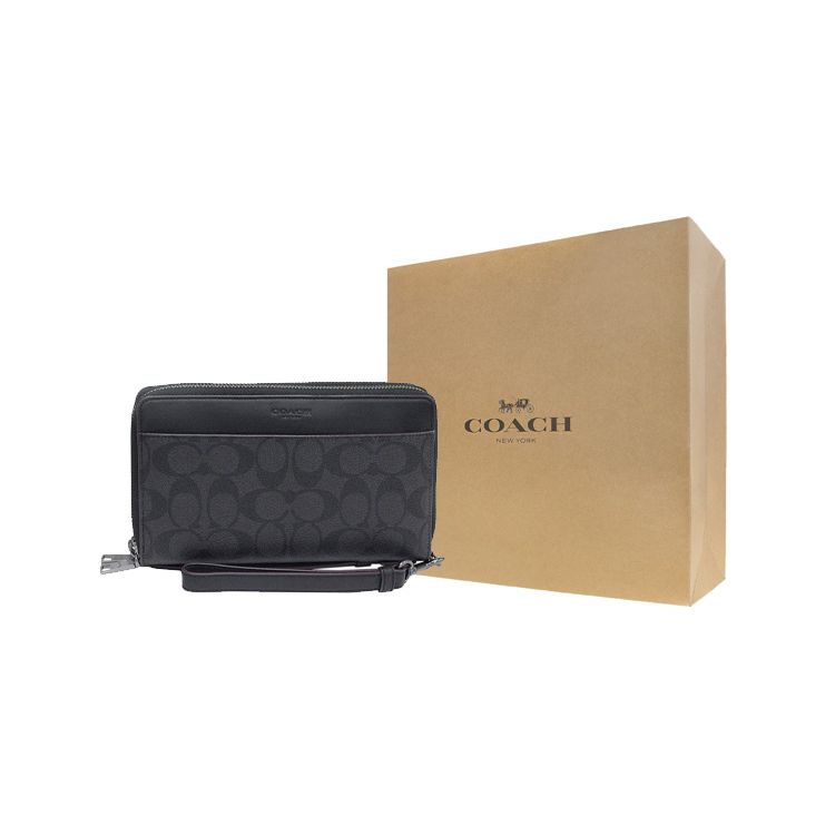 Coach Double Zip Wallet 20 Classic Monogram Long Zipper Closure Coated Canvas And Leather Card Holder Men Wallet Black 67626-N3A