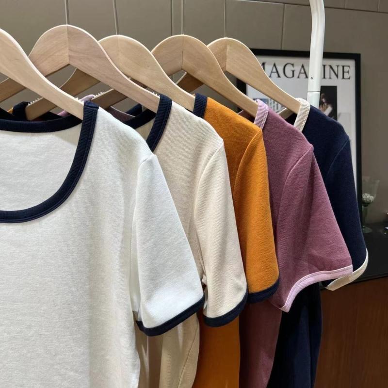 Color Blocking Round Neck Short Sleeved T-shirt for Women Summer New Design Niche Unique Versatile Top