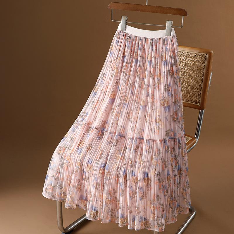 

Qooth Floral Tulle Skirt High Waist Layered Calf Skirt Elegant Mid Length Skirt QT2609 One Size рожевий