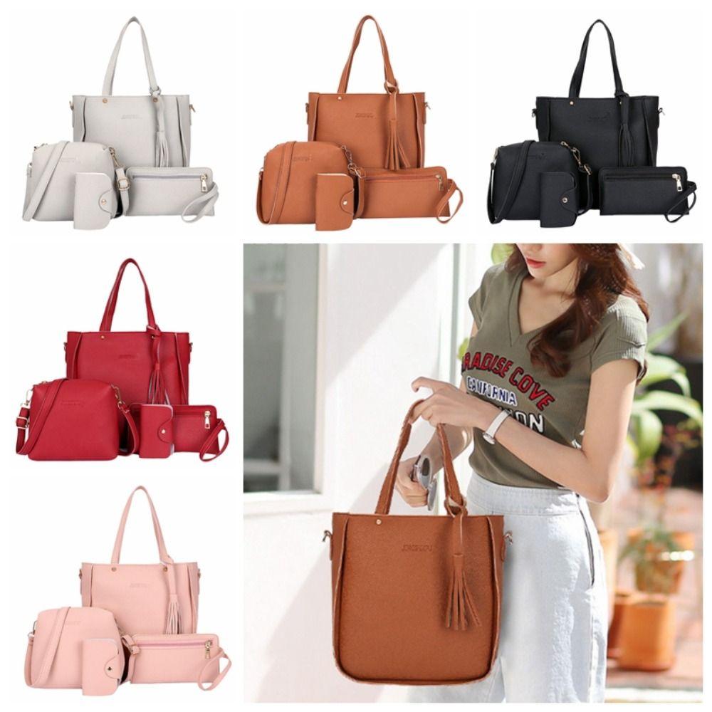 

4pcs/set Large Capacity PU Leather Shoulder Bag Solid Color Handbag Women Crossbody Bag Outdoor чорний