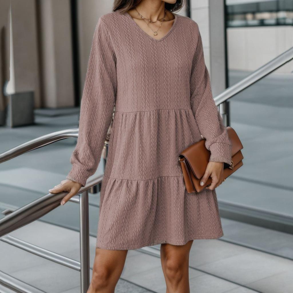 Spring and Autumn Women's Fashion V-neck Solid Color Stitching Long Sleeve Loose Dress
